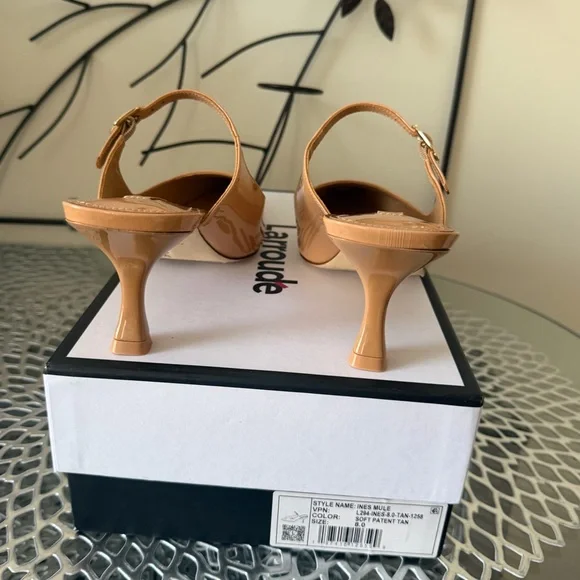 Larroude Ines Pointed Toe High Heel Patent Leather Mules in Tan Size 8 NIB - Picture 10 of 11